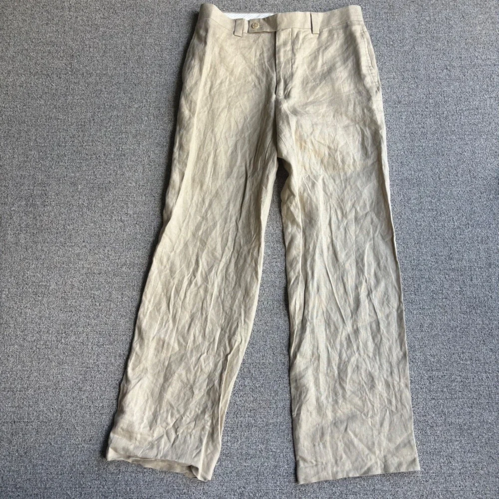 Calvin Klein Linen Pants Mens 30x28 Flat Front Beige Straight Leg Trousers